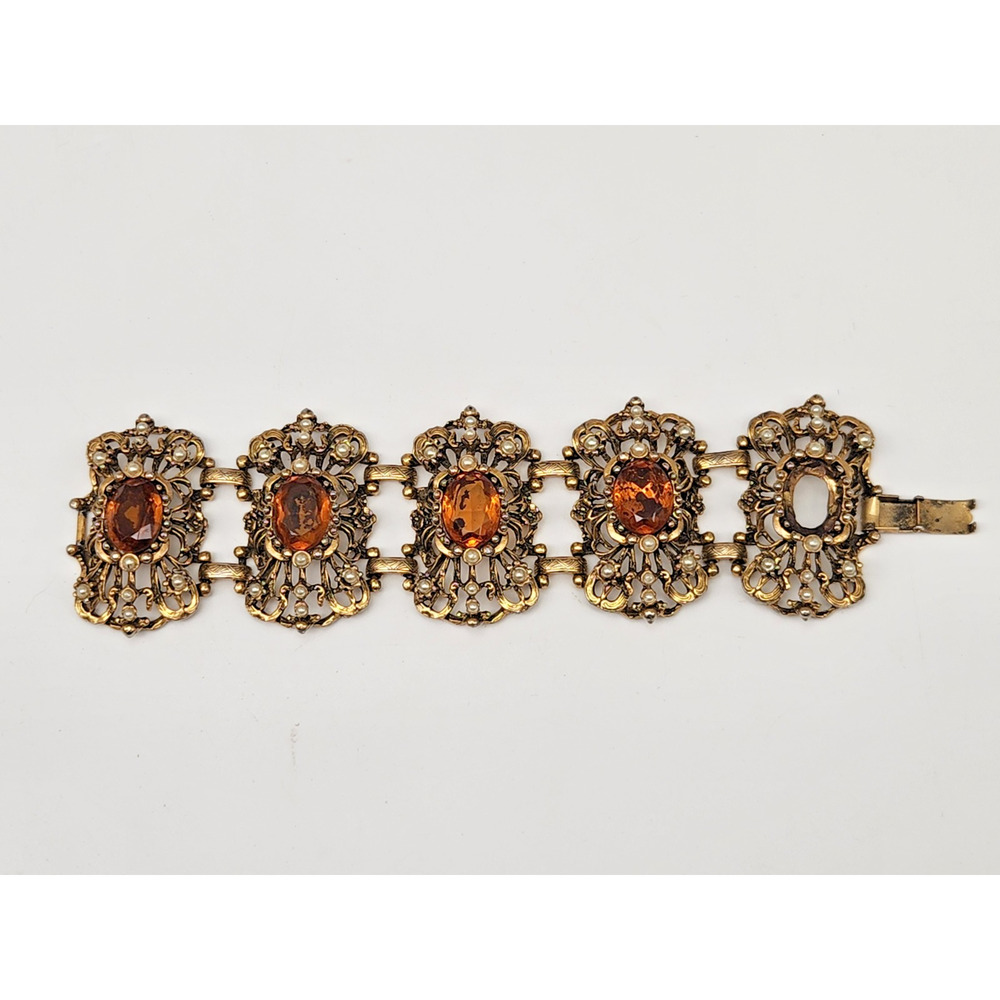 Vintage 1960s Selro Selini Gold Tone Faux Topaz Pearl Bracelet 8'' Unmarked